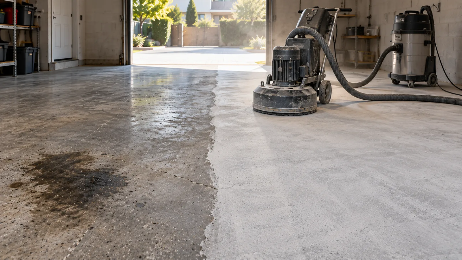 Ponçage diamant d'une dalle béton de garage avant la pose d'une résine époxy