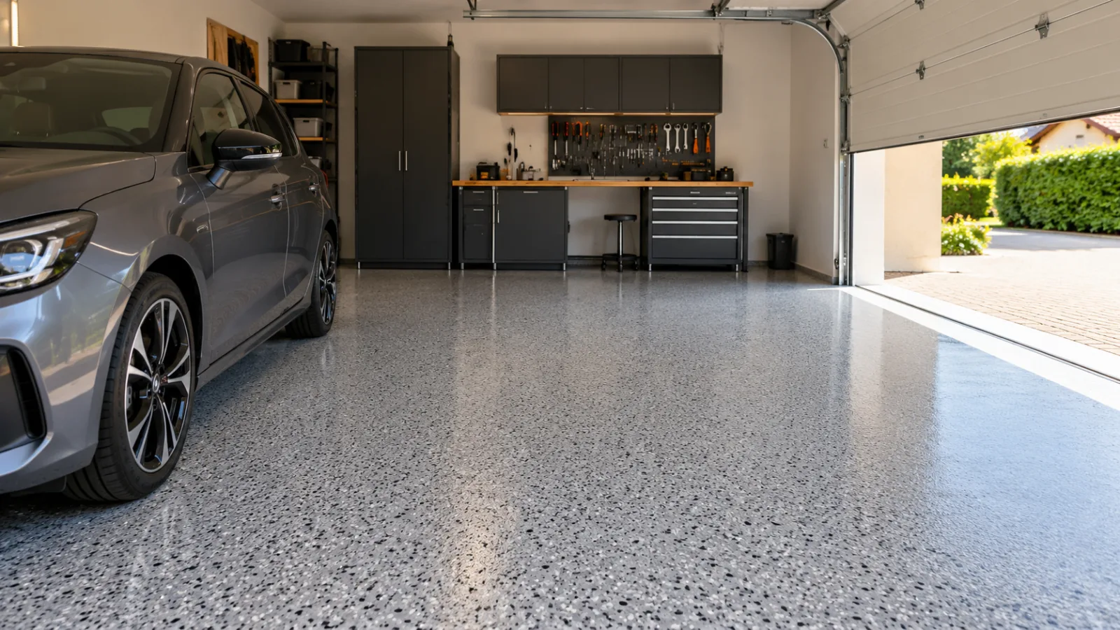 Un garage de pavillon avec un sol en résine époxy flake gris et flocons de vinyle